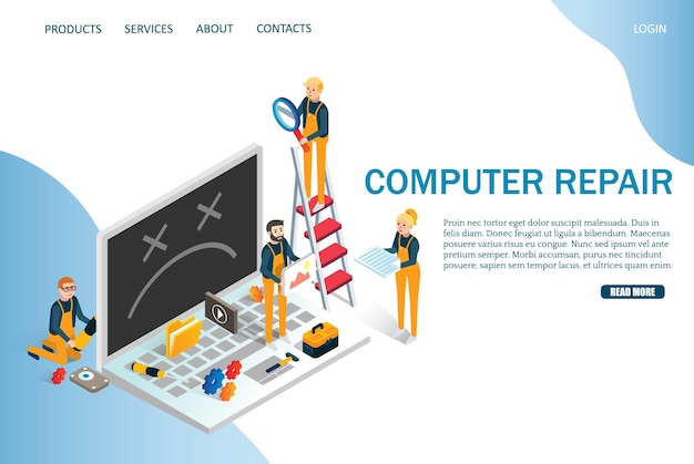Vector computer repair vector website template, web page and landing page design for website and mobile site development. maintenance, computer recovery and technical support services.