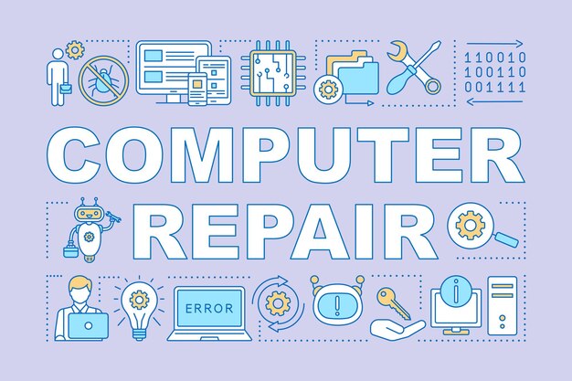 Insegna di concetti di parola di riparazione del computer. reinstallazione del sistema operativo. riparazione computer portatile. presentazione, sito web. idea di tipografia scritta isolata con icone lineari. illustrazione di contorno vettoriale