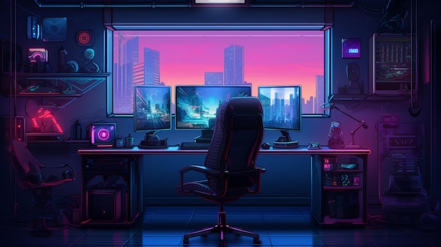 Vector a computer room with a purple and pink glow in the dark