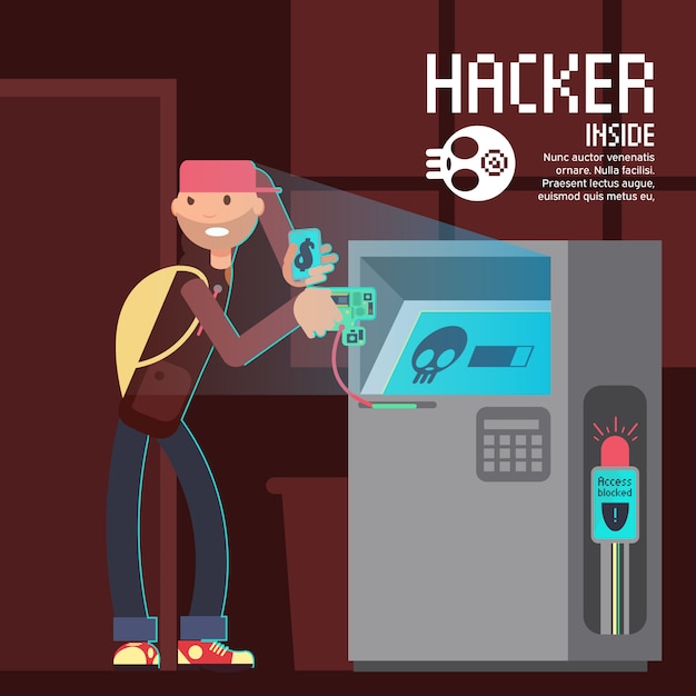 Computer safety and computer crime vector concept with cartoon hacker character