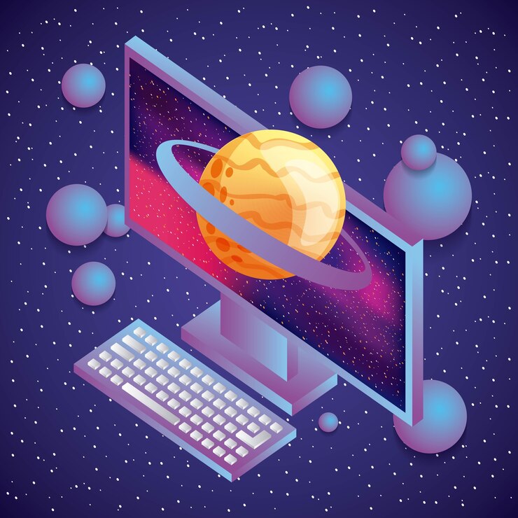 Vector computer saturn planet blur background virtual reality 