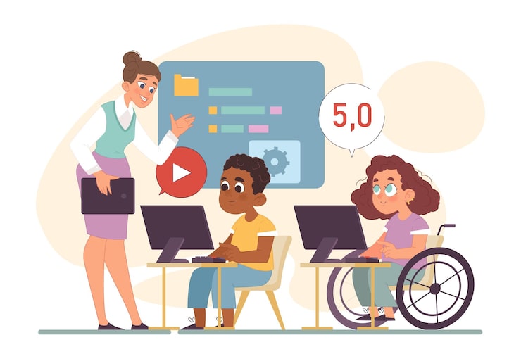 Vector computer science class for kids diverse children programming and coding informatics course web apps