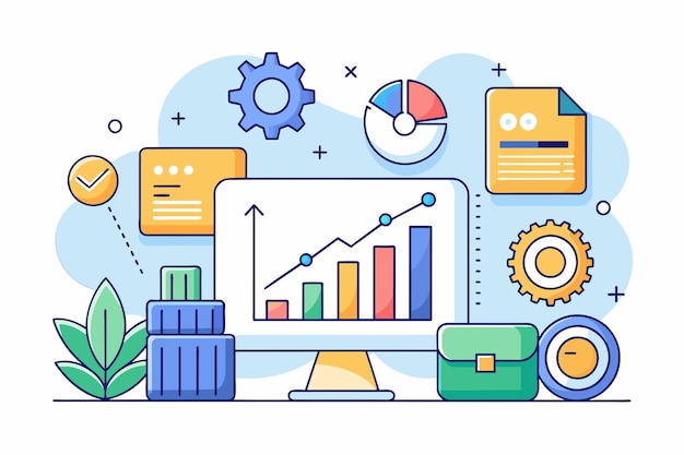 A computer screen displaying a chart depicting business development data and income analysis analysis of business development data and income Simple and minimalist flat Vector Illustration