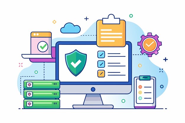 A computer screen displaying a check mark symbol indicating completion or verification Data entry security trending Simple and minimalist flat Vector Illustration