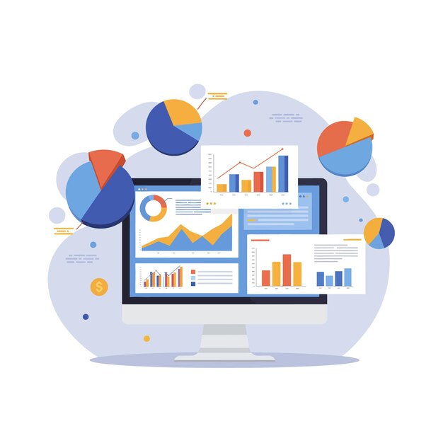顯示有動態數據可視化元素的平面向量藝術風格的彩色圖表和圖表的電腦屏幕