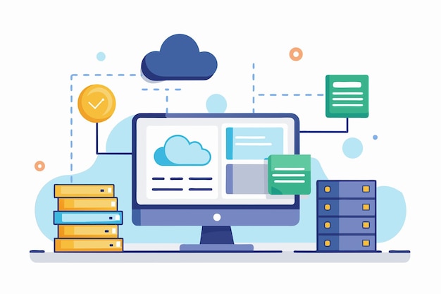 Vettore uno schermo di computer che visualizza dati con una nuvola sopra di esso disco cloud di database online e informazioni sullo schermo del monitor illustrazione vettoriale piatta semplice e minimalista