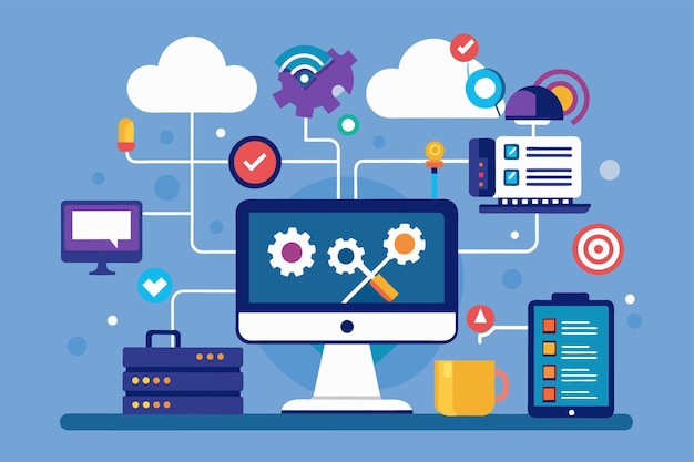 a computer screen displaying various icons for easy access to different applications or functions network troubleshooting on a computer simple and minimalist flat vector illustration