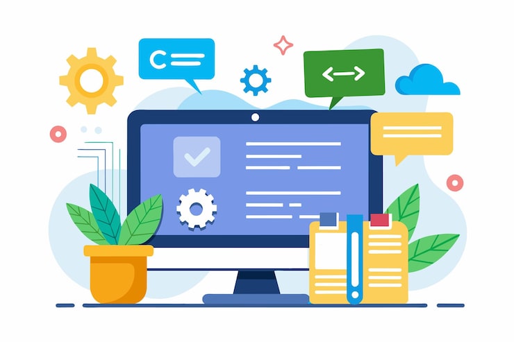 Vector computer screen displaying various icons above it related to programming and script writing programming language improvements script writing simple and minimalist flat vector illustration