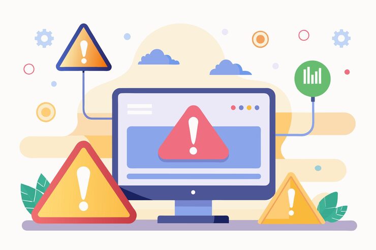 Vector computer screen displaying warning sign analysis of internet network warning error page error or internet not found on network problem simple and minimalist flat vector illustration