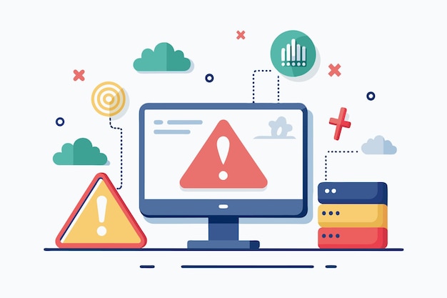 Vector computer screen displaying warning sign analysis of internet network warning error page error or internet not found on network problem simple and minimalist flat vector illustration