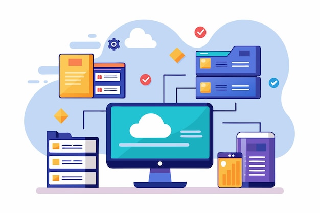 computer screen displaying website hosting management file with cloud hovering above it website hosting management file on cloud simple and minimalist flat vector illustration