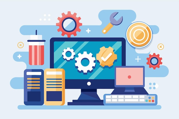 Vector a computer screen displaying a wrench tool and gears indicating possible software repairs or maintenance repairs to computer software simple and minimalist flat vector illustration