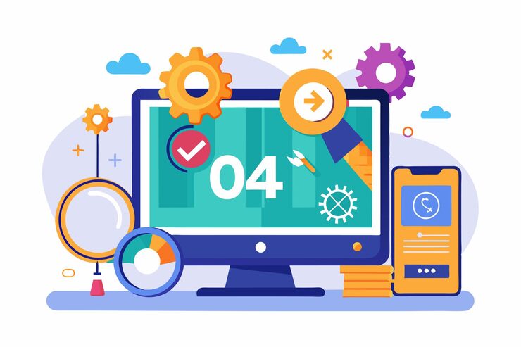 Vector 컴퓨터 화면은 주변의 기어 및 도구를 특징으로하는 소프트웨어 문제와 관련된 오류 메시지를 표시합니다. 문제 소프트웨어 오류 404 발견되지 않았습니다.