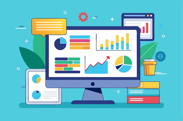 Vector 컴퓨터 화면은 데이터 분석 작업을 위해 다양한 차트와 통계를 표시합니다. 차트와 창을 가진 컴퓨터 화면 고립 된 터 스타일