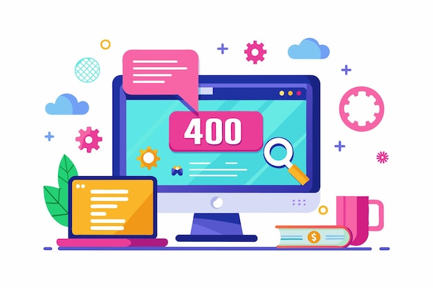 a computer screen displays a vibrant 400 error page design with interactive elements and surrounding devices fix 404 error page design concept computer screen with error