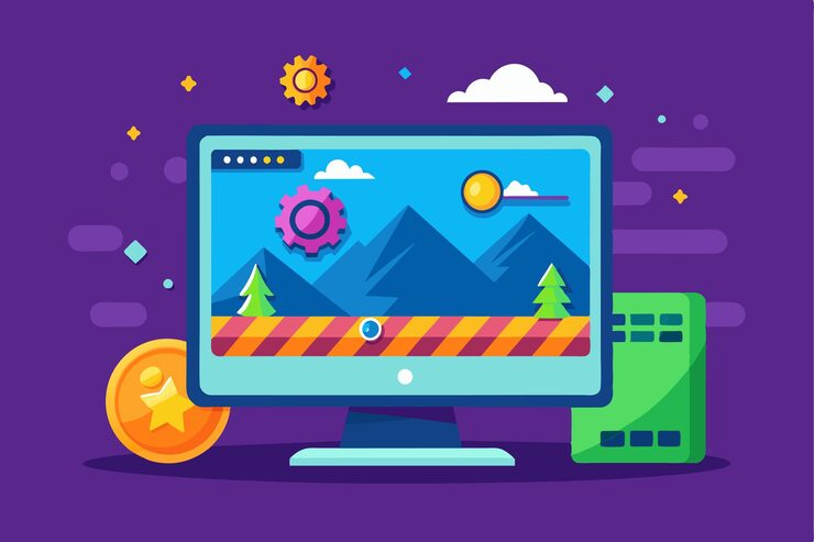 Vector the computer screen displays a vibrant loading game screen with graphics and icons waiting for setup waiting for the game to load on the computer display