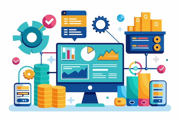 Vector a computer screen is shown surrounded by different devices in a technology setup database analysis statistical reports automation of information processing