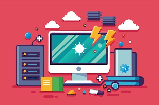 Vector a computer screen is shown with a lightning bolt bursting out from it indicating a potential electrical malfunction computer damage problems simple and minimalist flat vector illustration