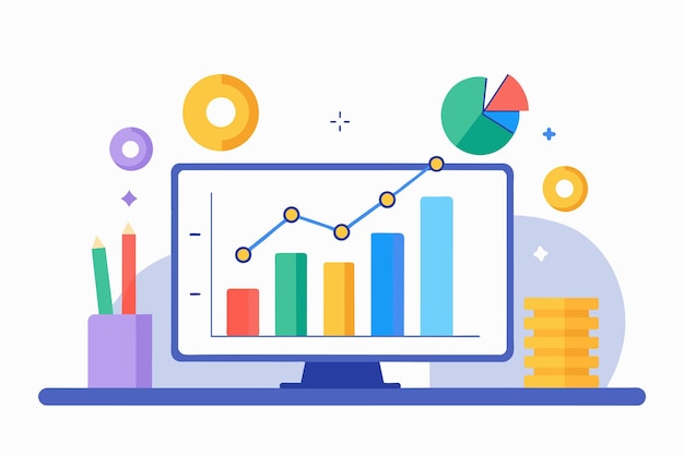 Computer screen showing a straightforward graph depicting the trending business profits Analyze business profits trending Simple and minimalist flat Vector Illustration