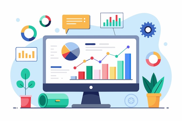 a computer screen showing various graphs and data for development analysis and presentation development analysis presentation with graphic data simple and minimalist flat vector illustration