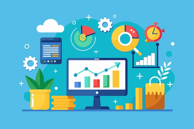 Computer screen surrounded by various items for analyzing business development data and income analysis of business development data and income Simple and minimalist flat Vector Illustration
