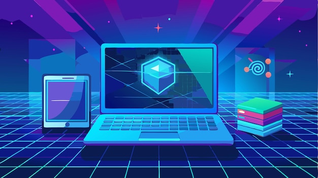 Vector a computer screen with a blue background and a red box with a box on the top