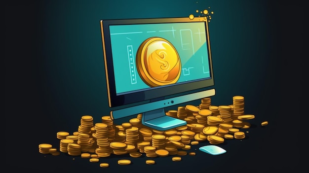 Vector a computer screen with a gold coin on it and some gold coins