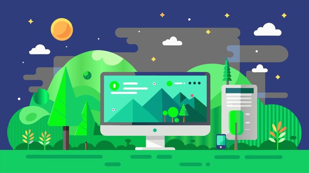 a computer screen with a green background with a tree and a building in the background