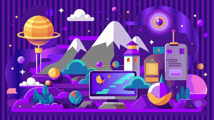 Vector a computer screen with a mountain in the background