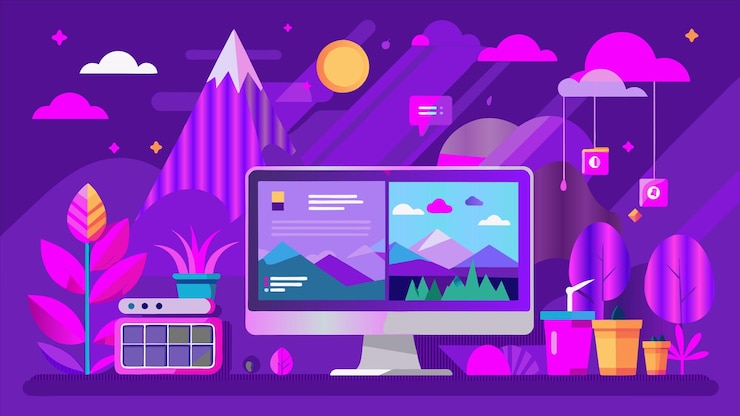 Vector a computer screen with mountains and mountains in the background