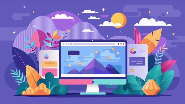 背景に山と山の写真を描いたコンピュータスクリーン