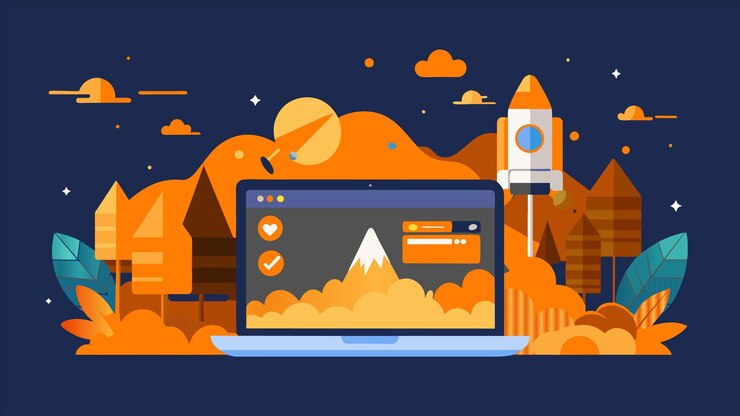 Vector a computer screen with a rocket on the screen and the words  space shuttle  on the bottom