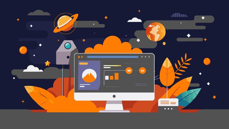 Vector a computer screen with a space station and a rocket on the screen