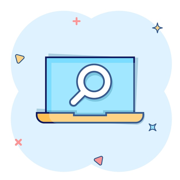 Computer search icon in comic style Laptop with magnifying glass cartoon vector illustration on white isolated background Device display splash effect business concept