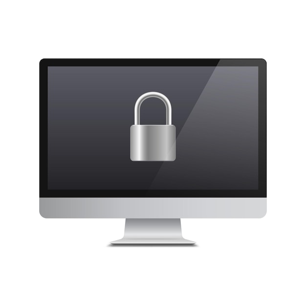 Concetto di sicurezza informatica. informativa sulla privacy, blocco di sicurezza e metafora della protezione dei dati. lucchetto sullo schermo del monitor del computer.