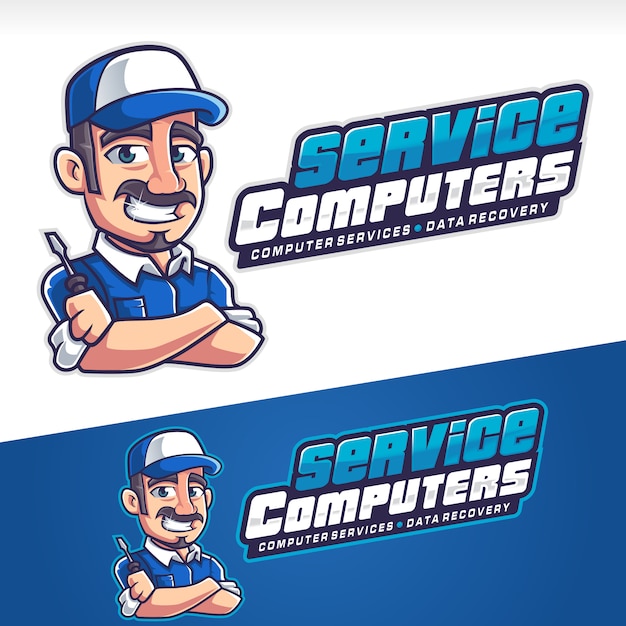 Computer service repairman mascot logo