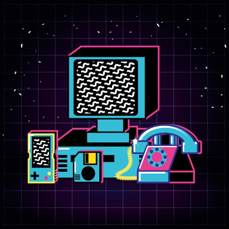 Vector computer and set icons old retro