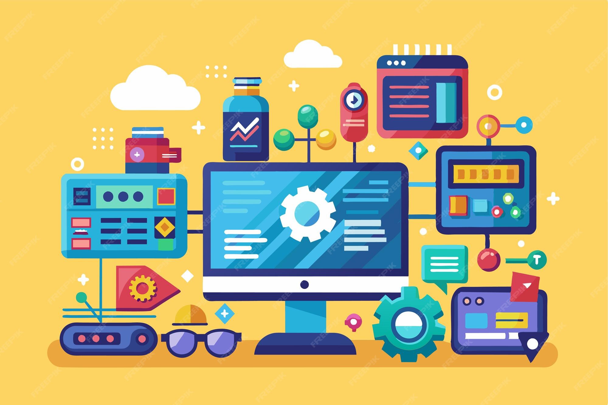 A computer setup showcases a customizable application programming ...