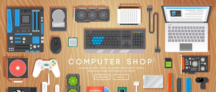 Vector computer shop. various computer parts are on the table.   