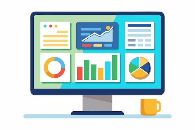 the computer shows colorful charts and graphs representing data analytics for business insights computer screen with charts windows vector flat isolated