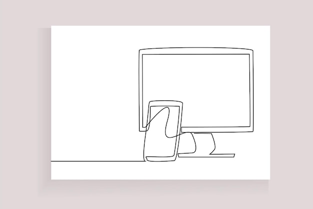 Vector computer smartphone set blank screen line drawing concept