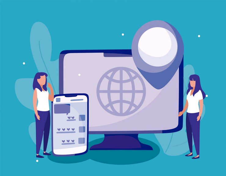 Vector computer smartphone and women of social media concept