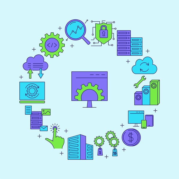Vector computer software development round poster