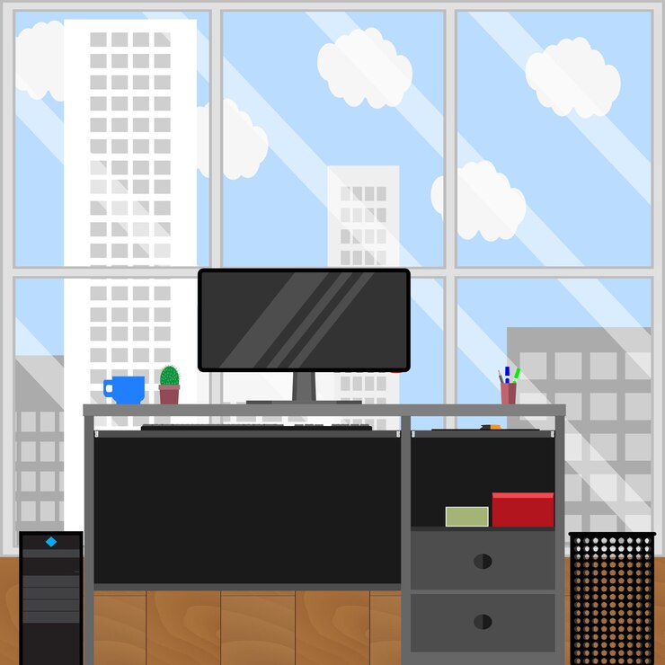 Vector computer station and urban landscape from window