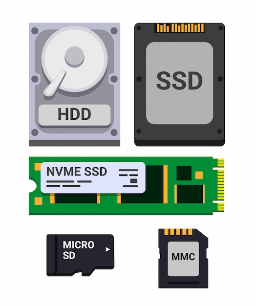 Вектор Набор значков для хранения компьютерных накопителей, hdd, ssd и micro sd. плоский стиль иллюстрации на белом фоне