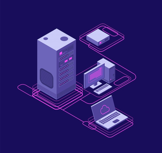 Sincronizzazione del computer, gestione della rete dati. dispositivi isometrici, server di rete. tecnologia di archiviazione cloud