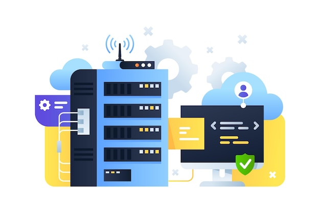 Sistema informatico che utilizza per l'ottimizzazione dei server cloud con la programmazione. tecnologia digitale e online di concetto che utilizza per la moderna tecnologia dei pc connessi con aggiornamento wireless.