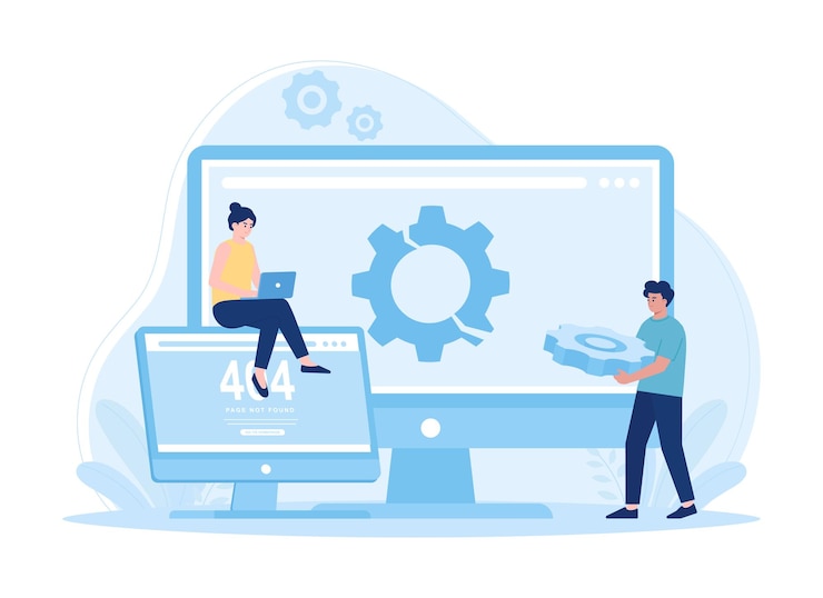Vector computer technician repairing computer screen with gearand wrench trending concept flat illustration