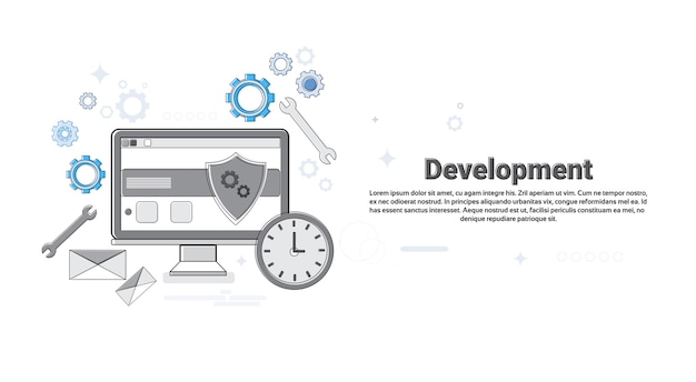 Computer technology application development business concept banner thin line vector illustration