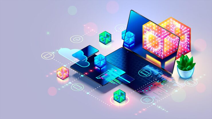 Vector 컴퓨터 기술 개념: 책상 위에 노트북, 드폰, 태블릿의 컴퓨터 네트워크, 화면에 미래의 유리 블록의 이미지 프로그램, 노트북 소프트웨어, 모바일 웹 애플리케이션 개발, 프로그래밍